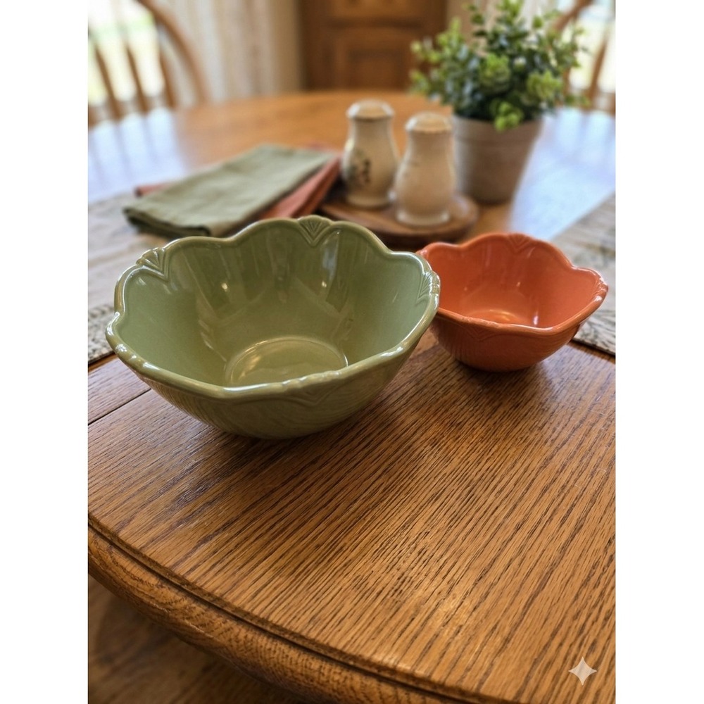Princess House Pavillion Nesting Bowls Set Green Orange Ceramic Mixing 1004